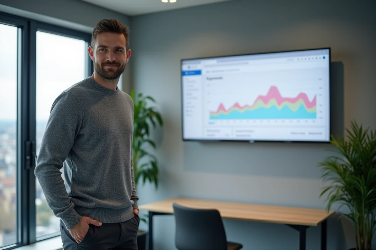 Expert SEO présentant des résultats de référencement naturel sur un écran de données analytiques