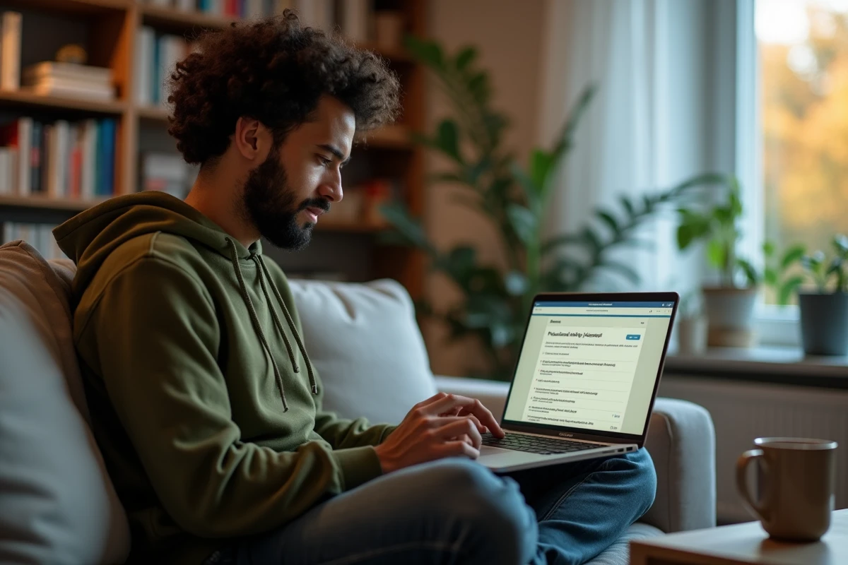 Jeune adulte explorant les fiches métiers du référentiel ROME emploi depuis chez lui pour planifier sa reconversion professionnelle en 2026