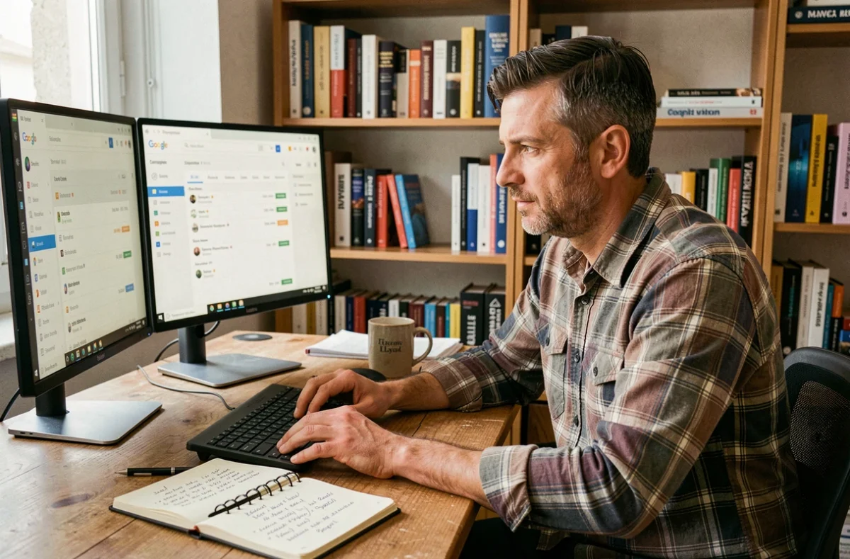 Consultant SEO indépendant Fabien SEO travaillant seul dans son bureau à domicile à Lyon avec des outils d'analyse de référencement naturel