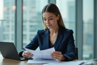 Femme d'affaires confiante en costume navy dans un bureau moderne