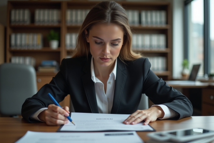 Femme d'affaires en costume examine des documents officiels