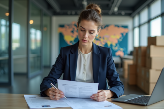 Femme d'affaires en réunion avec documents Incoterms