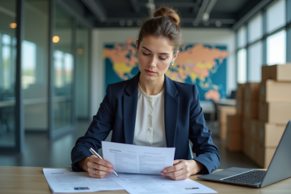 Femme d'affaires en réunion avec documents Incoterms