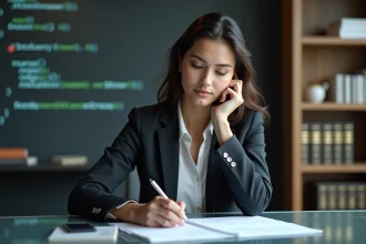 Femme en blazer regardant des documents dans un bureau moderne