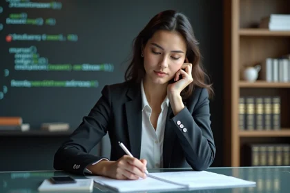 Femme en blazer regardant des documents dans un bureau moderne