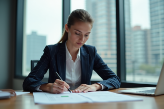 Jeune femme d'affaires en costume regardant des documents