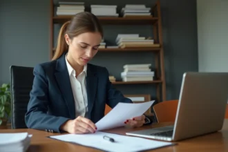 Femme en costume navy examinant une lettre de démission
