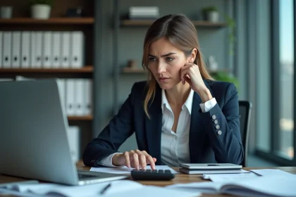 Femme d'affaires en costume regardant son ordinateur
