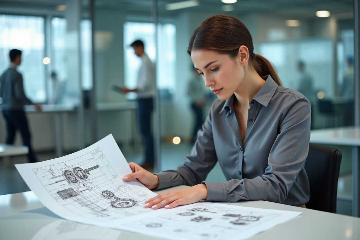 Jeune femme analysant des plans techniques de precision