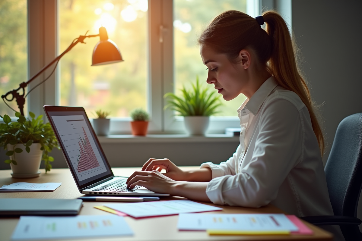 Femme concentrée analysant un graphique de carrière sur son ordinateur