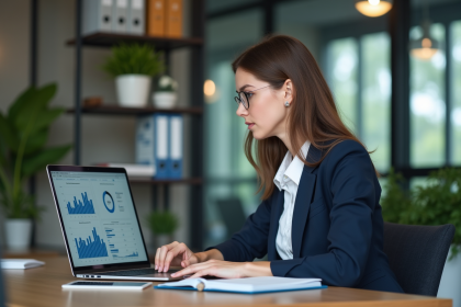 Femme concentrée analysant des KPI sur son ordinateur au bureau