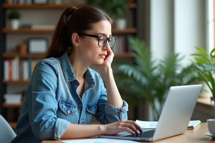 Femme concentrée devant un ordinateur avec graphiques colorés