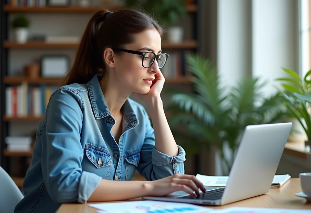 Femme concentrée devant un ordinateur avec graphiques colorés
