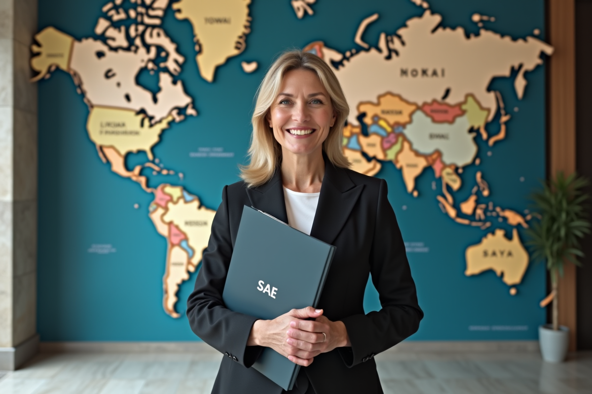 Femme professionnelle devant une carte du monde dans un hall