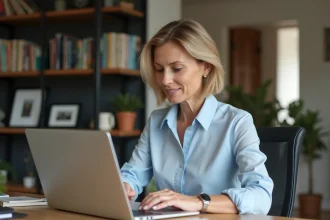 Femme d'âge moyen dans un bureau à domicile utilisant un coffre numérique