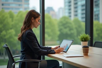 Femme en bureau moderne avec tablette et graphiques