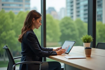 Femme en bureau moderne avec tablette et graphiques