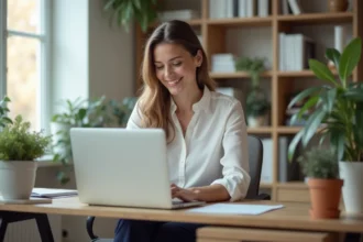Femme au bureau à domicile travaillant sur son ordinateur