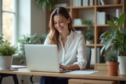 Femme au bureau à domicile travaillant sur son ordinateur