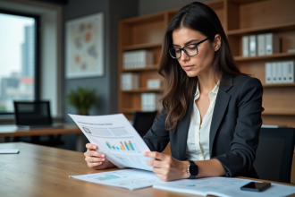 Femme au bureau lisant un document avec graphiques