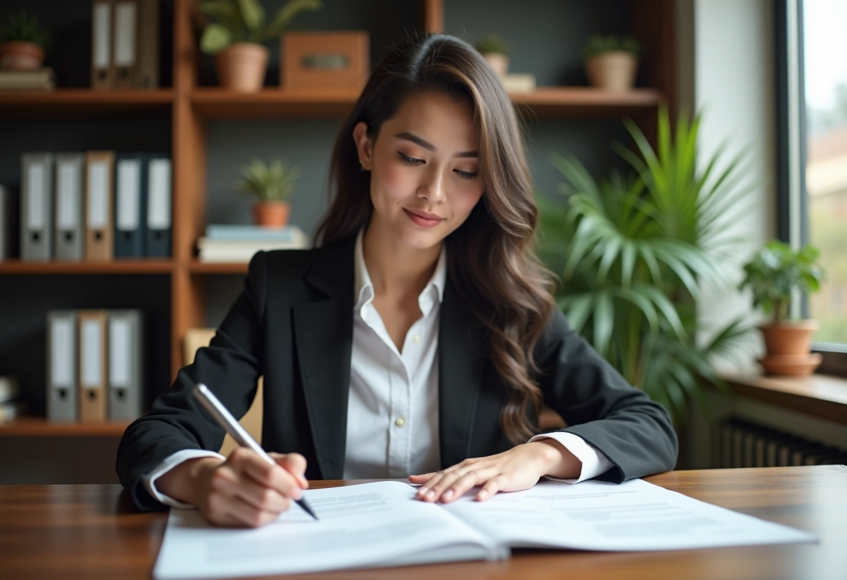 Jeune femme lisant un document dans son bureau à domicile
