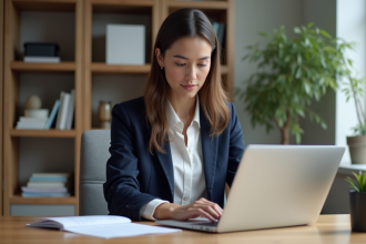 Jeune femme en bureau moderne travaillant sur son ordinateur