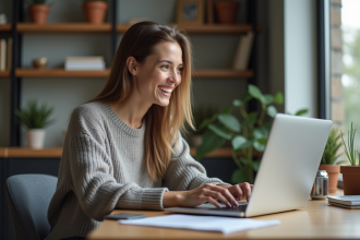 Jeune femme souriante travaillant sur son ordinateur dans un bureau