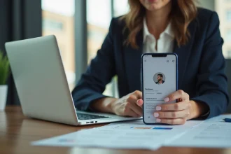 Femme professionnelle utilisant un ordinateur et smartphone au bureau