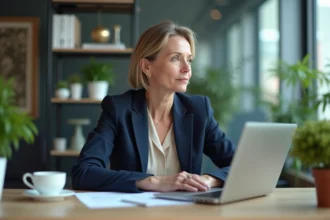 Femme en bureau moderne avec documents et ordinateur