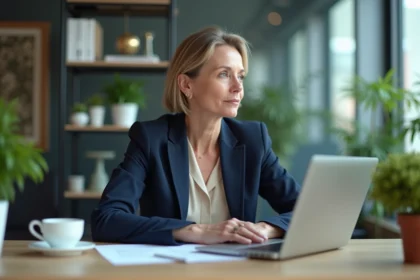 Femme en bureau moderne avec documents et ordinateur