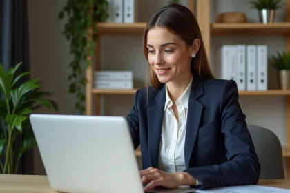 Femme en bureau moderne travaillant sur un ordinateur portable