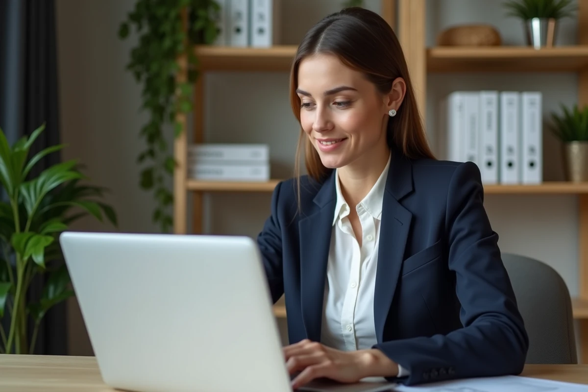 Femme en bureau moderne travaillant sur un ordinateur portable