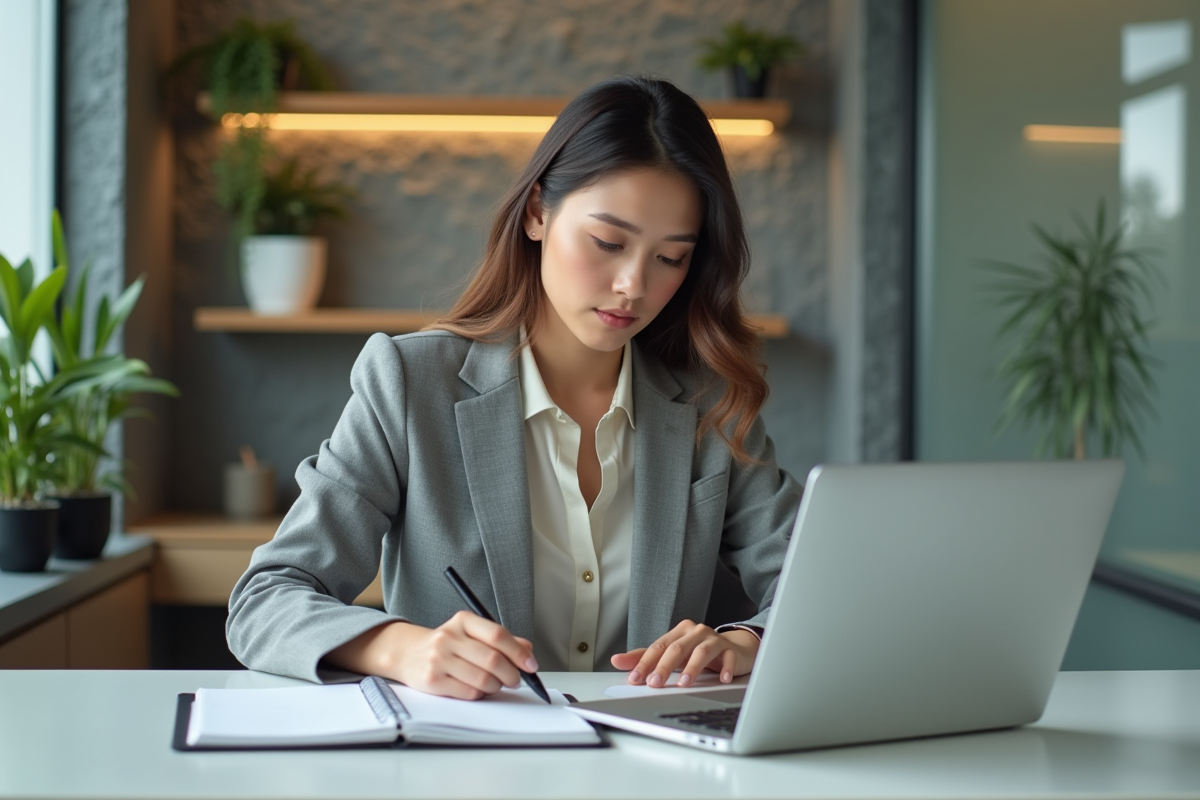 Jeune femme travaillant seule avec un ordinateur et notes
