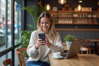 Femme souriante utilisant son téléphone dans un café moderne