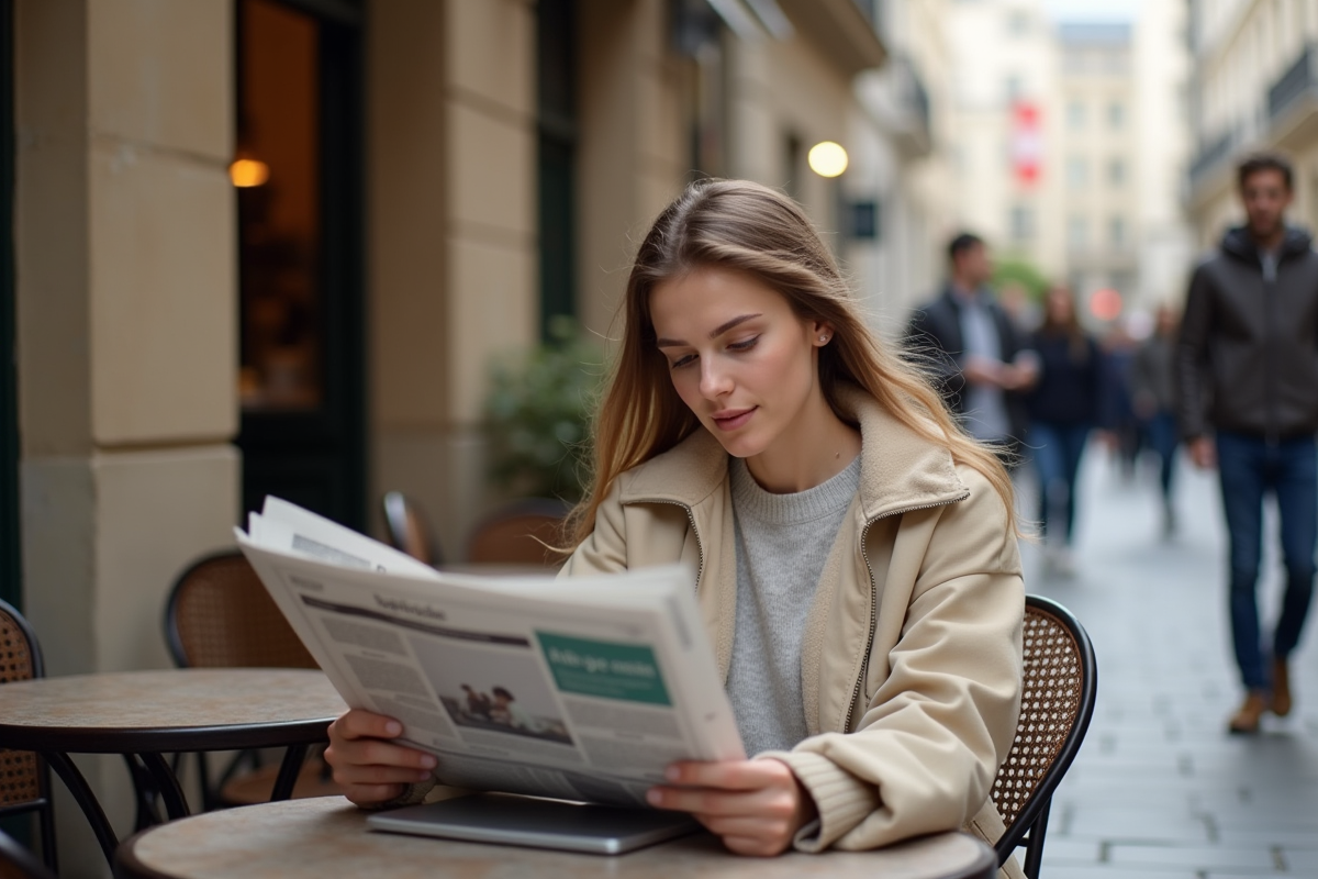Jeune femme lisant un journal dans un café parisien