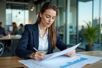Femme professionnelle analysant ses heures de travail et son salaire sur un bureau en entreprise