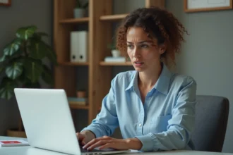 Femme frustrée face à un écran d'ordinateur affichant un message de compte bloqué sur Mon ADP
