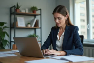 Femme professionnelle sécurisant ses démarches juridiques en ligne sur un portail officiel depuis son bureau