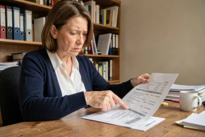 Femme consultant des relevés bancaires suspects à son bureau à domicile pour signaler une possible arnaque de transfert d'argent