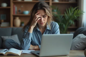 Femme fatiguée au bureau à domicile avec ordinateur