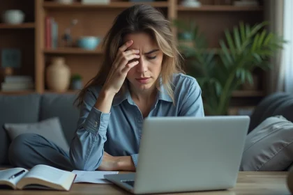 Femme fatiguée au bureau à domicile avec ordinateur