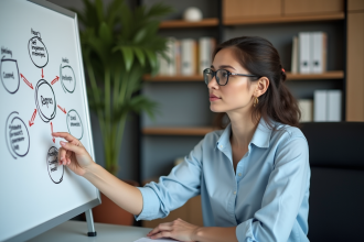 Femme en réunion expliquant le modèle 5P dans un bureau moderne
