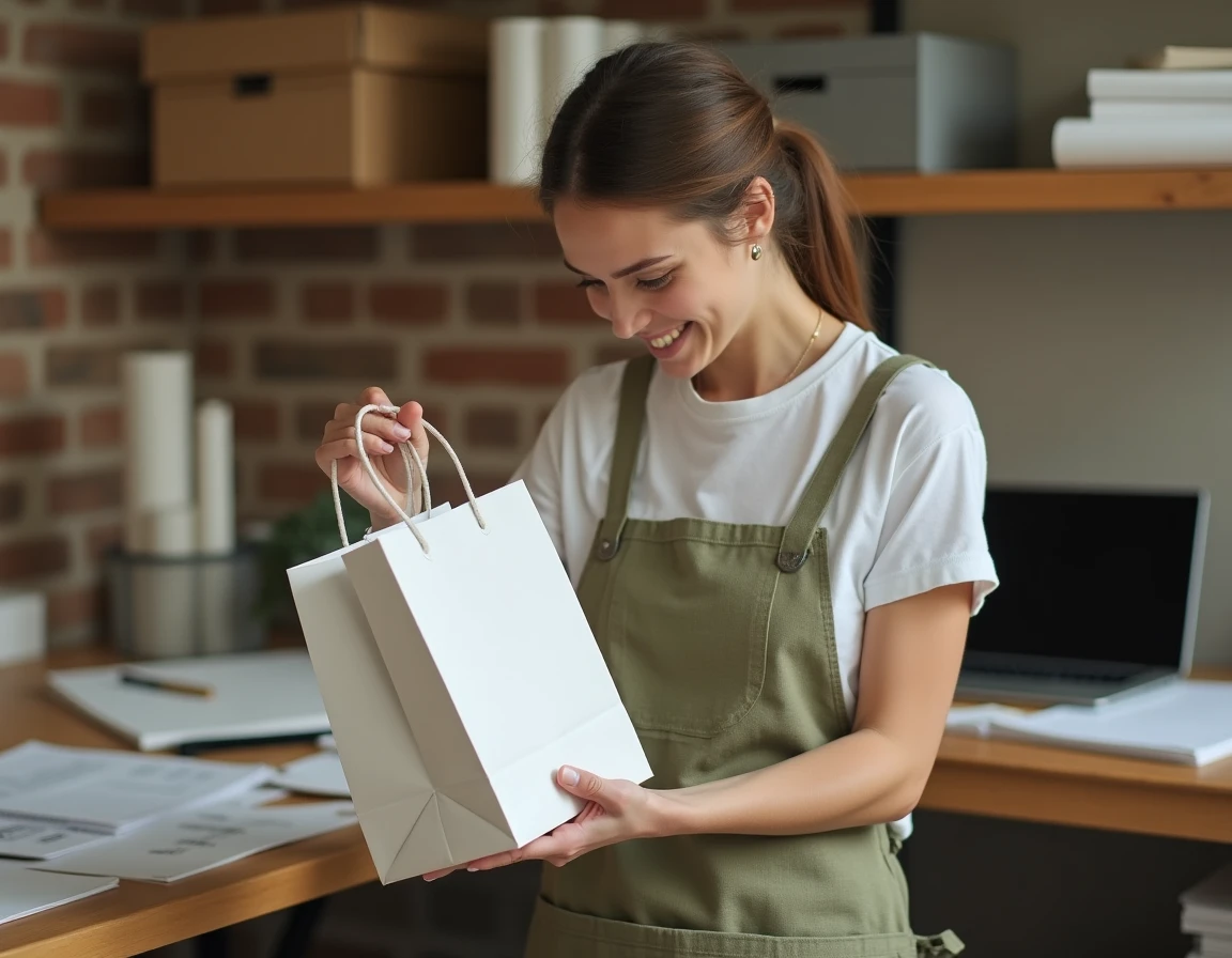 Jeune femme graphiste examinant un sac papier personnalisé blanc dans son studio de design