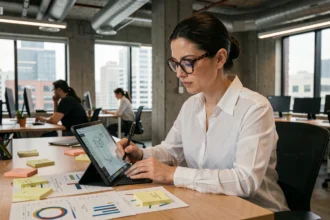 Femme utilisant une tablette numérique pour tester des idées de produits avec l'IA dans un bureau de startup moderne