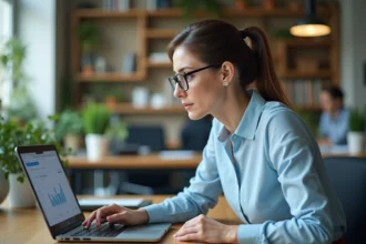 Femme utilisant un logiciel de gestion en ligne sur son ordinateur portable dans un bureau moderne, représentant la prise en main d'EXAGONLINE sans expertise technique
