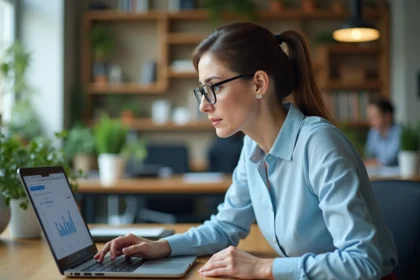 Femme utilisant un logiciel de gestion en ligne sur son ordinateur portable dans un bureau moderne, représentant la prise en main d'EXAGONLINE sans expertise technique