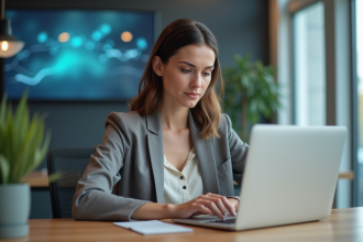 Femme professionnelle analysant des données marketing sur un ordinateur