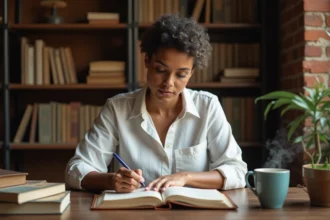 Femme concentrée prenant des notes dans un carnet en cuir dans un bureau chaleureux, illustrant la productivité et la sagesse au travail