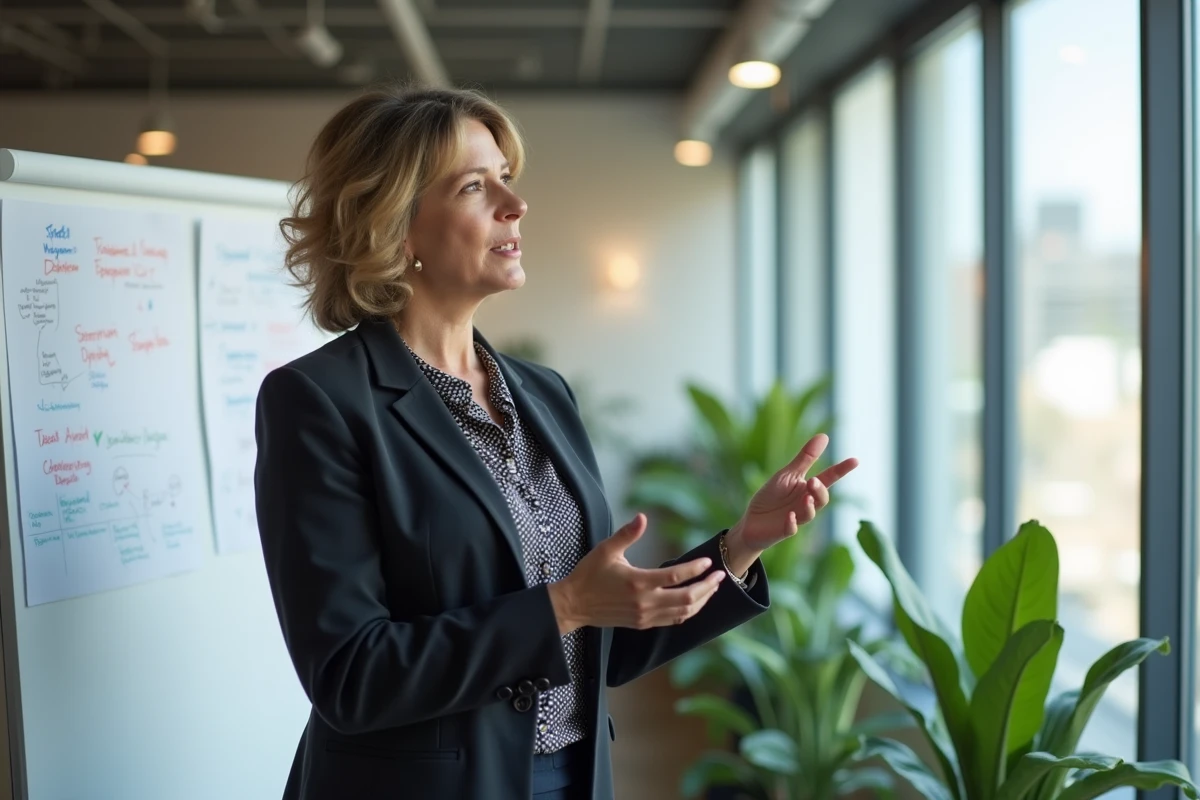 Femme confiante en présentation dans un espace startup