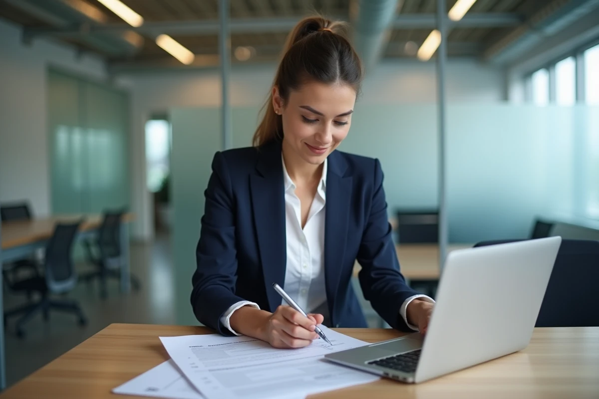 Femme professionnelle en réunion annotant un mémo dans un bureau moderne